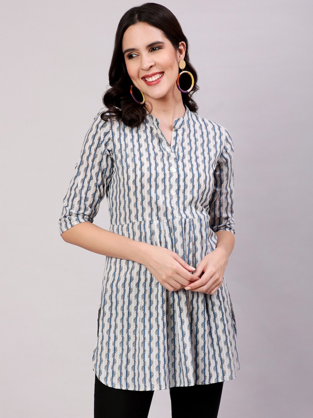 

THE NKS PLUS Striped Mandarin Collar A-Line Pleated Cotton kurtis, Grey