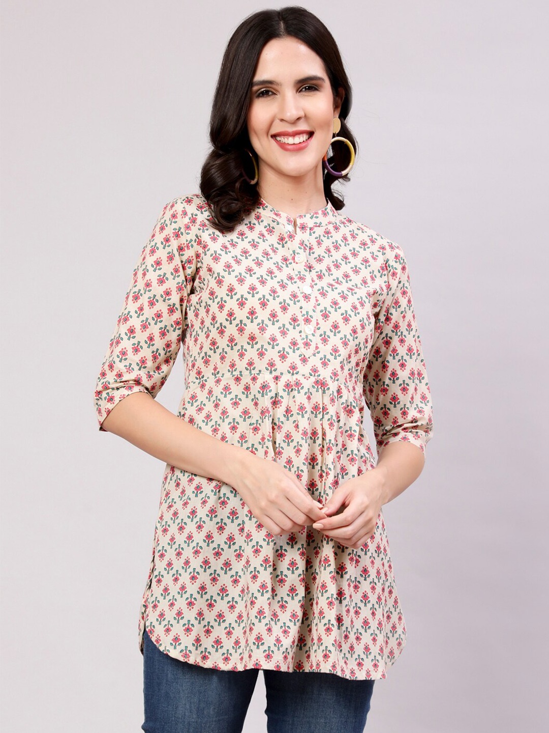 

THE NKS PLUS Floral Printed Mandarin Collar A-Line Pleated Cotton kurtis, Pink