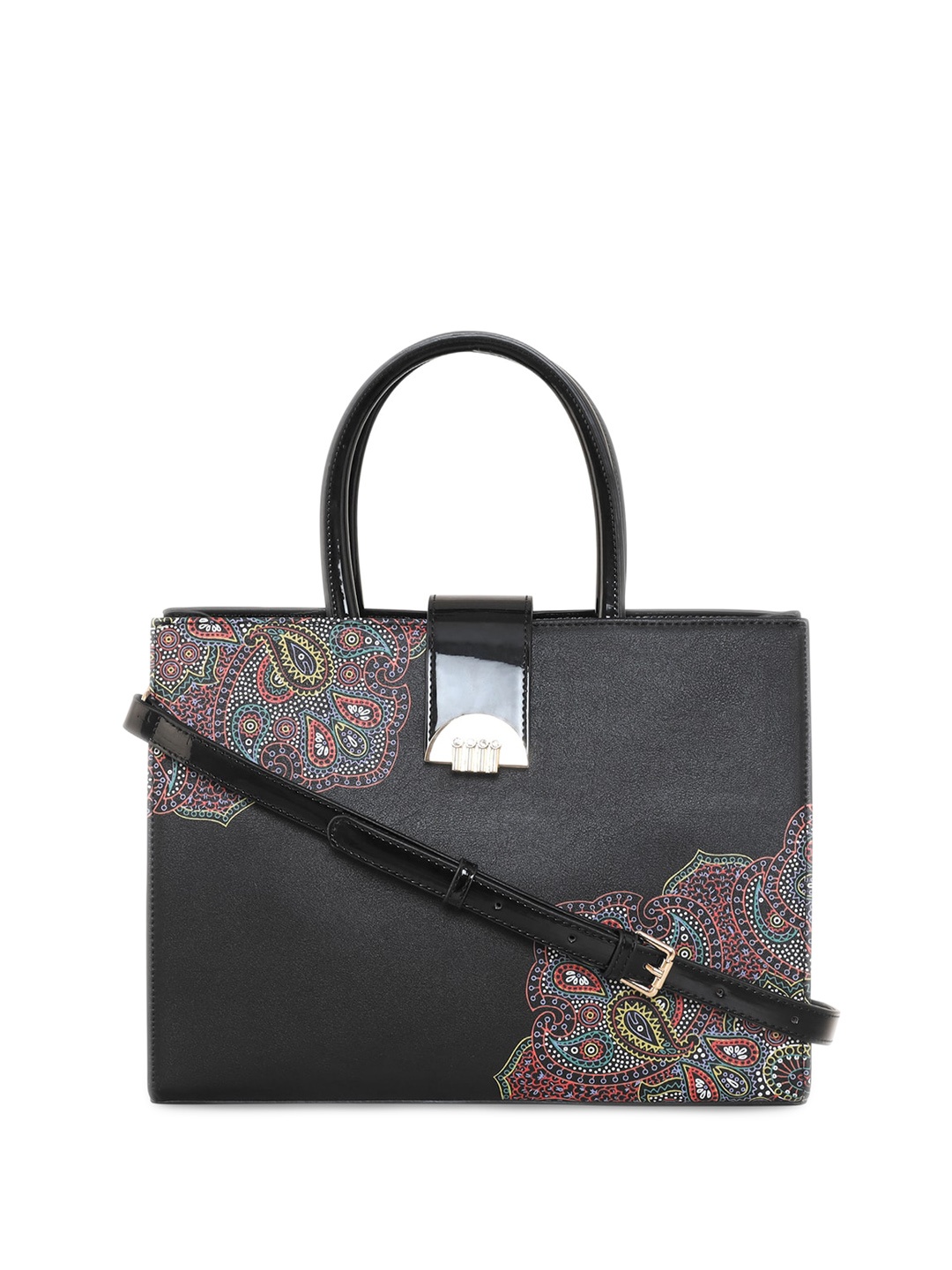 

ESBEDA Ethnic Motifs Printed Structured Handheld Bag, Black