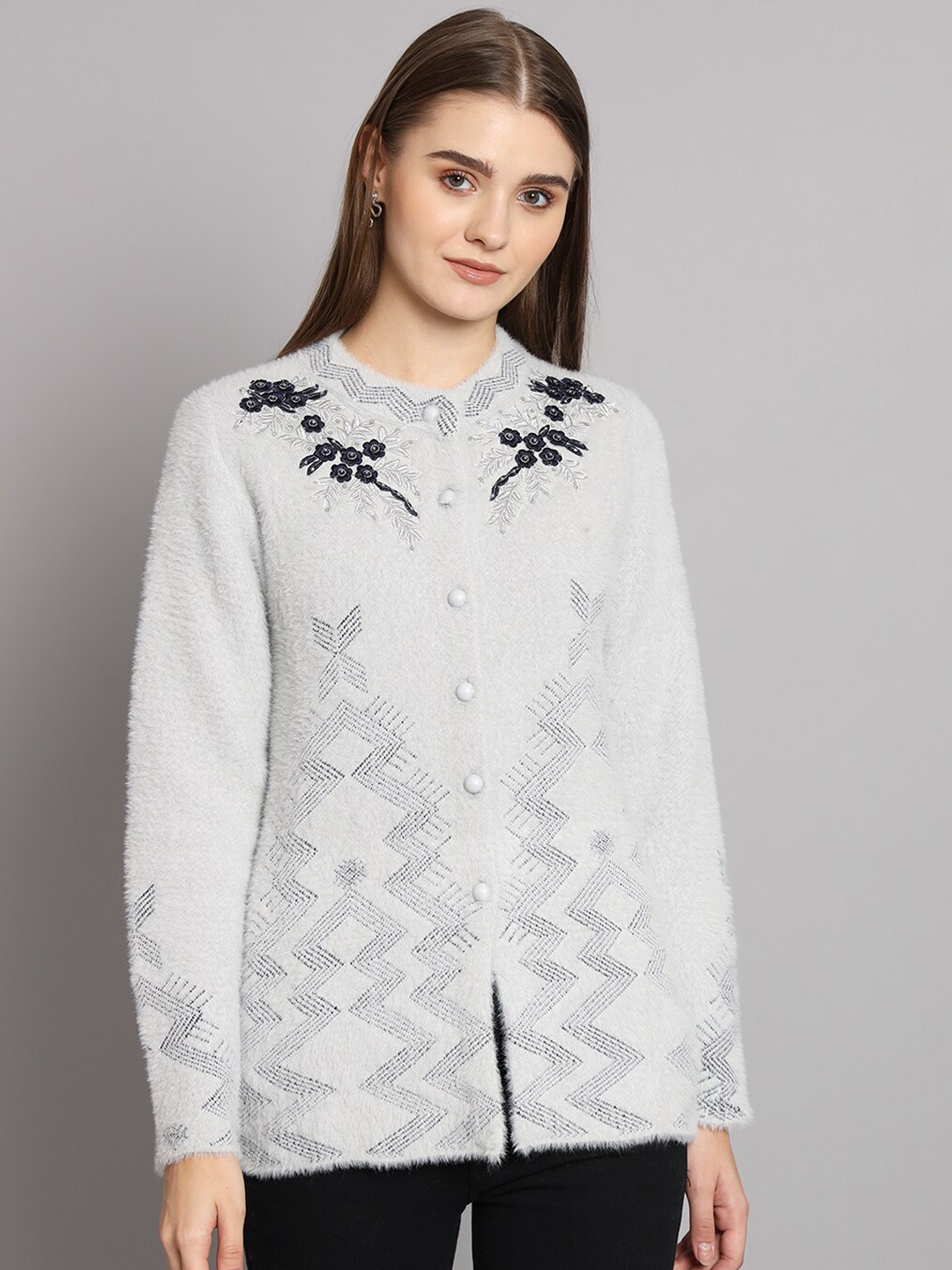 

eWools Geometric Self Design Embroidered Detail Acrylic Woollen Cardigan, Grey
