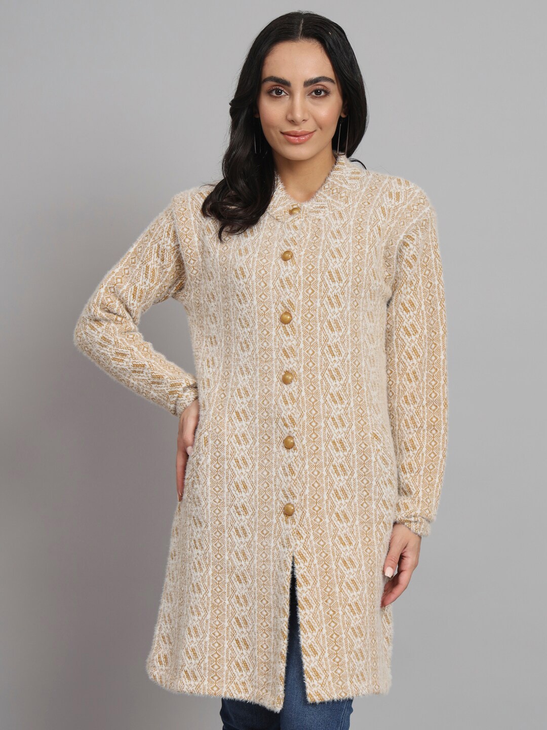 

eWools Geometric Self Design Longline Acrylic Woollen Cardigan, Beige