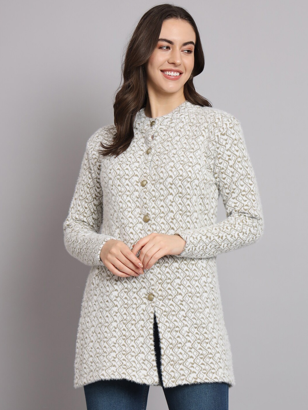 

eWools Self Design Acrylic Woolen Longline Cardigan, Beige