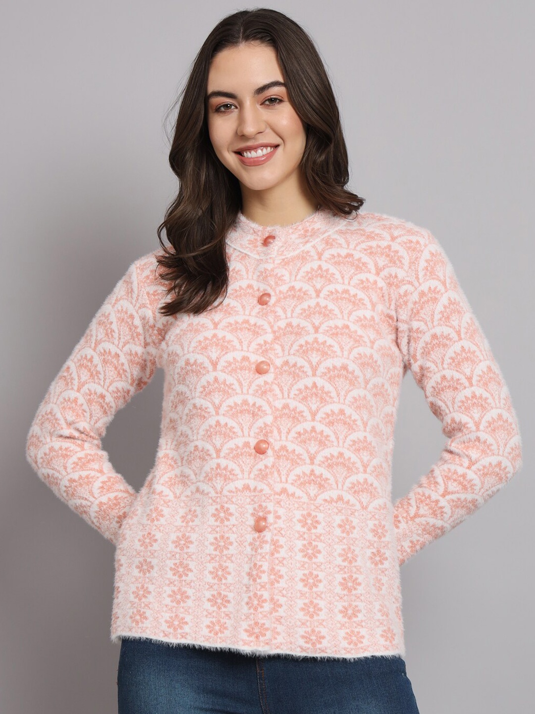 

eWools Ethnic Motifs Printed Acrylic Woolen Cardigan, Coral