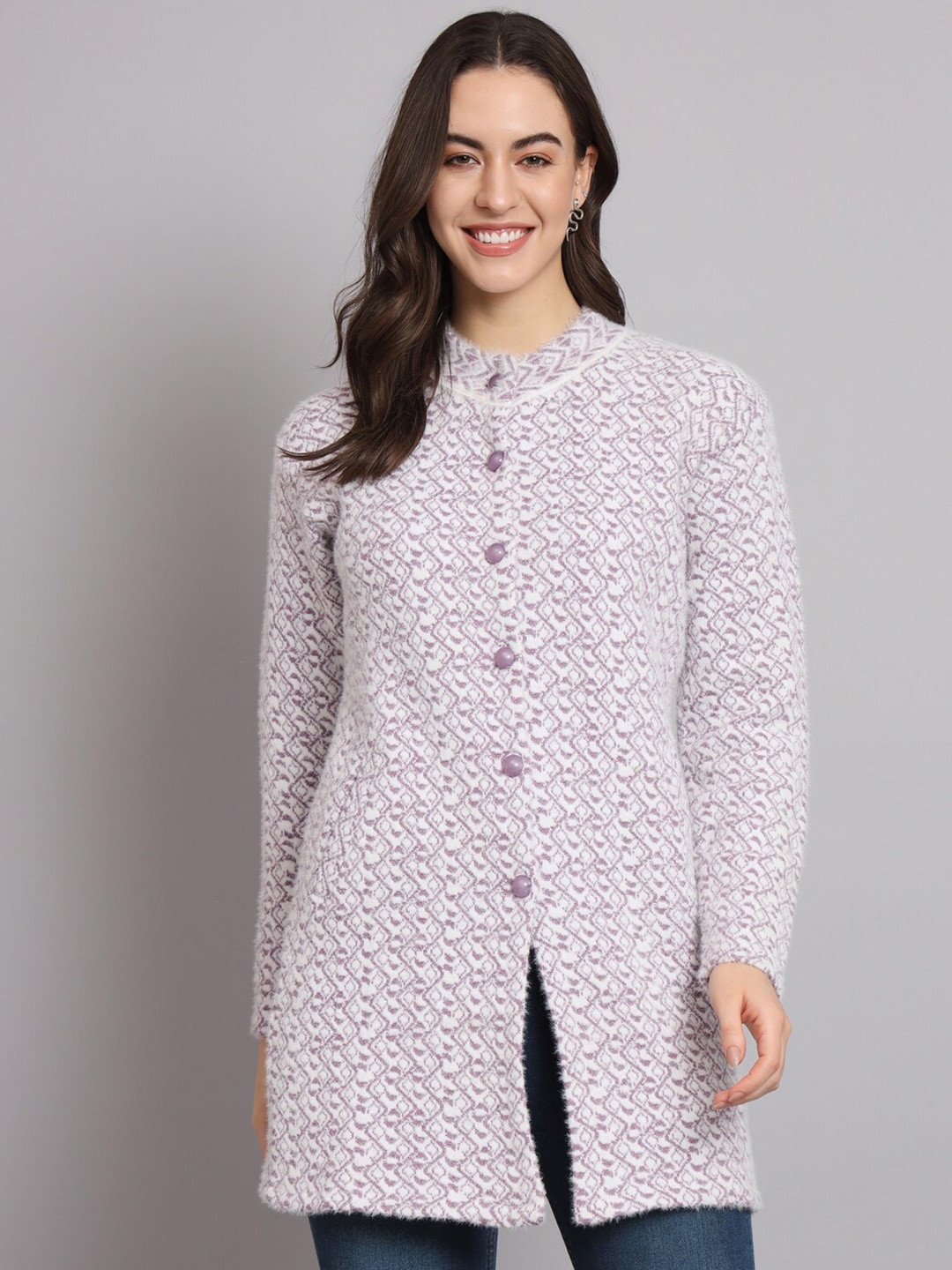 

eWools Abstract Printed Acrylic Woolen Longline Cardigan, Purple