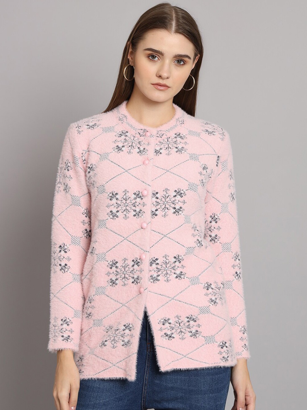 

eWools Floral Printed Round Neck Long Sleeve Woollen Cardigan Sweaters, Pink