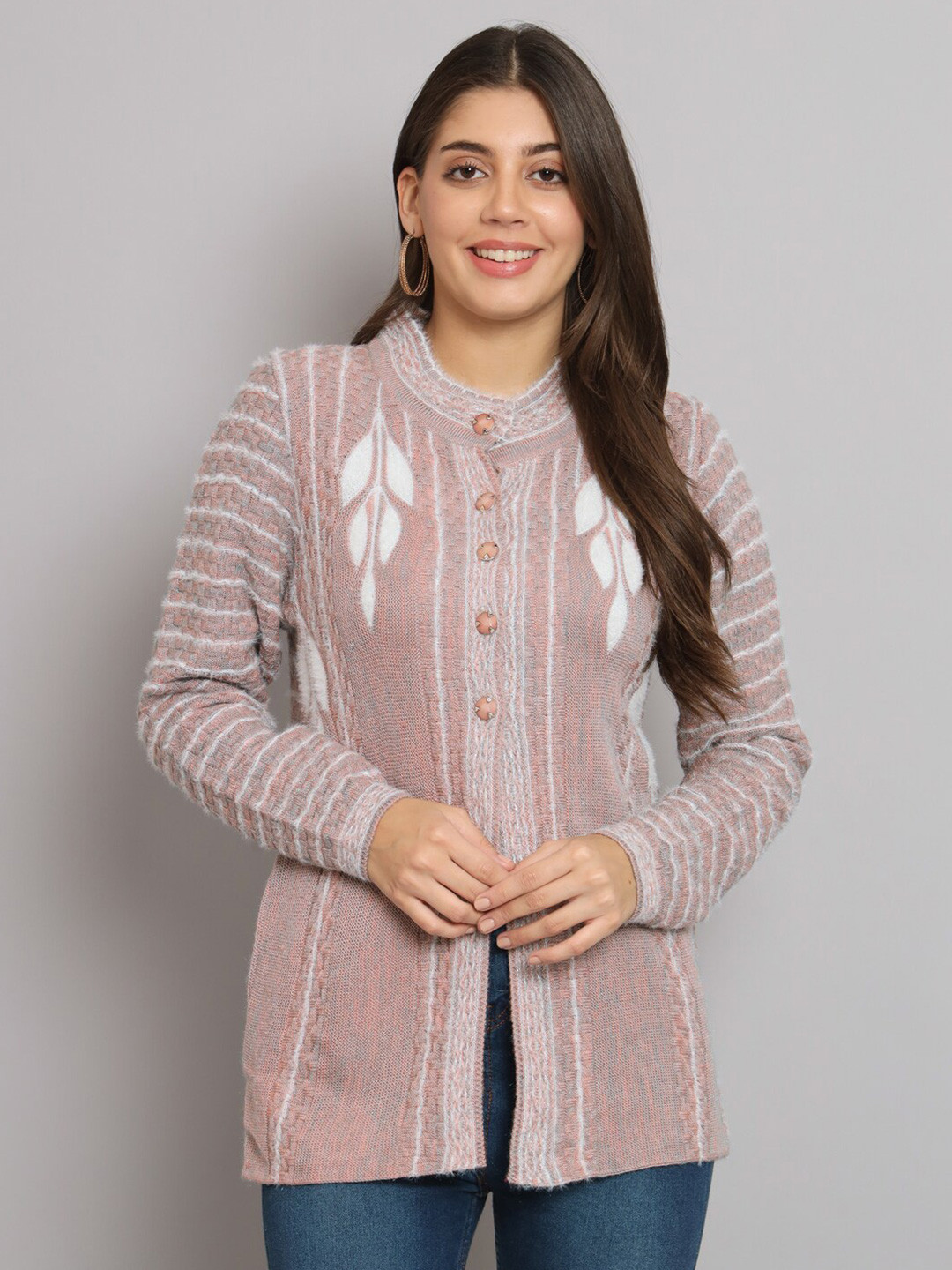 

eWools Self Design Mock Collar Long Sleeve Woollen Cardigan Sweaters, Mauve