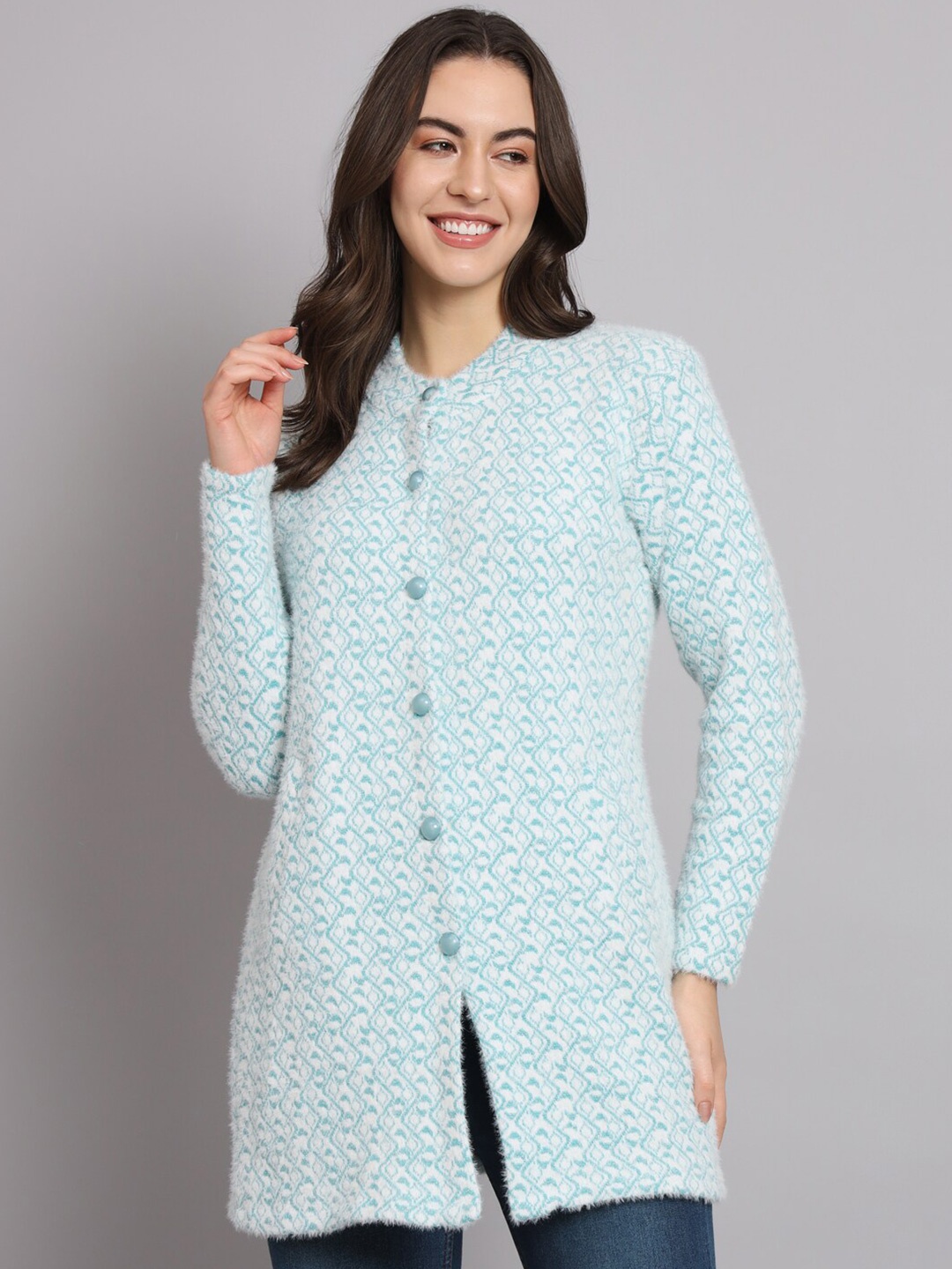 

eWools Geometric Printed Long Sleeve Woollen Cardigan Sweater, Turquoise blue