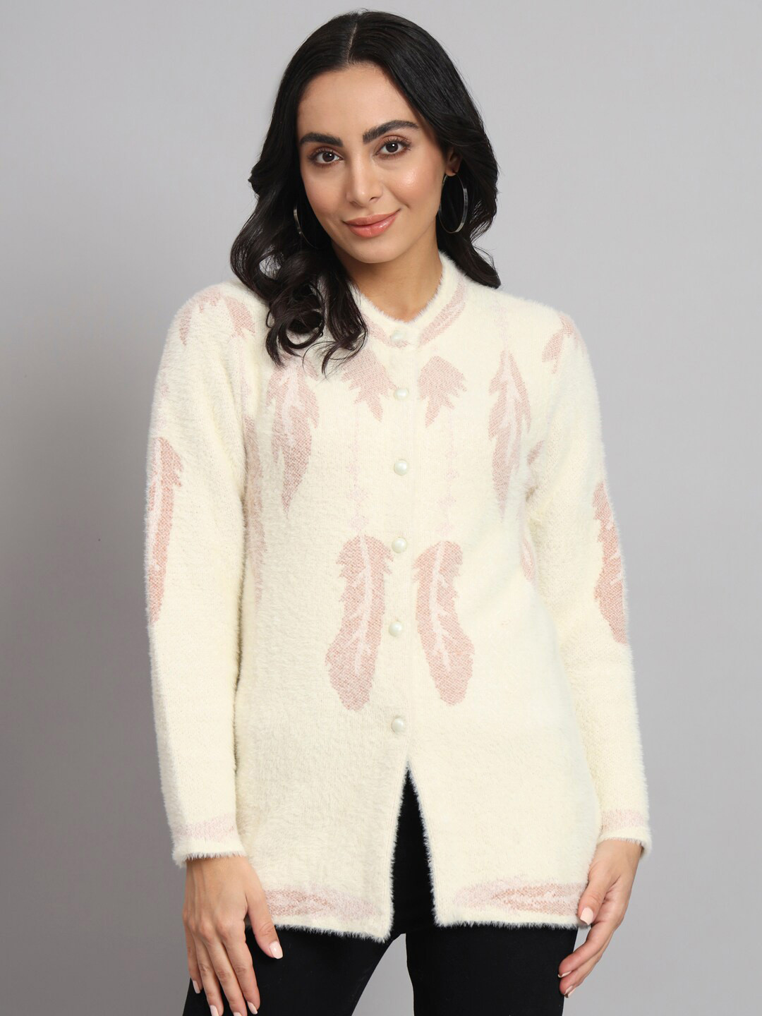 

eWools Floral Printed Woolen Cardigan Sweater, Cream