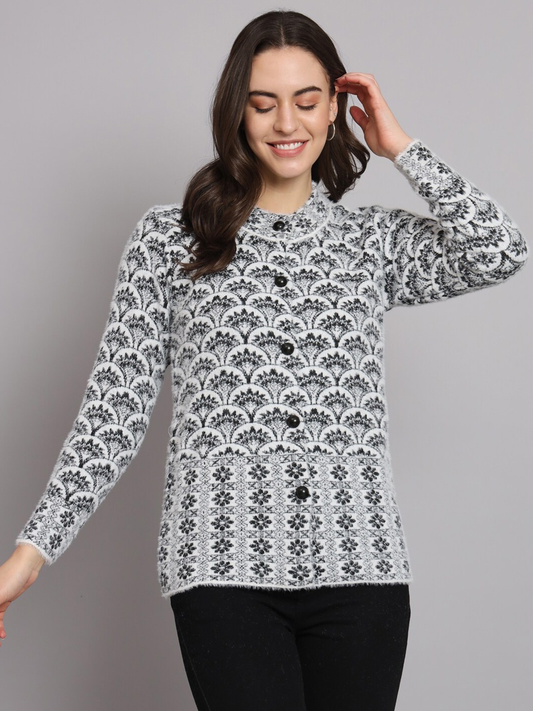 

eWools Women Black & White Ethnic Motifs Printed Woolen Cardigan Sweater