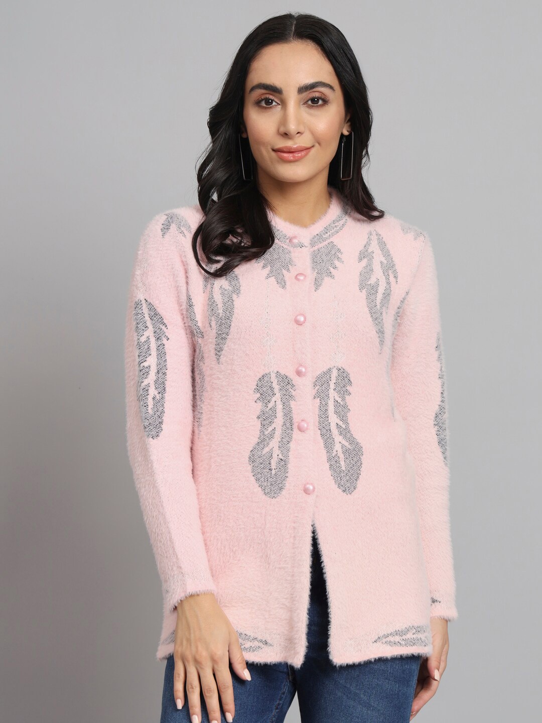 

eWools Floral Printed Woolen Cardigan Sweater, Pink