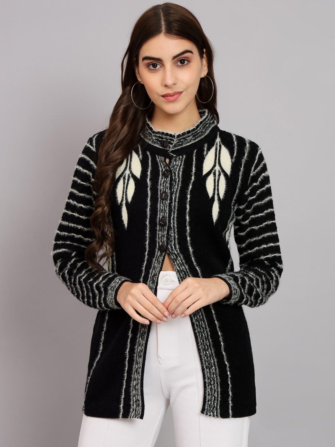 

eWools Floral Printed Round Neck Long Sleeve Woollen Cardigan Sweater, Black