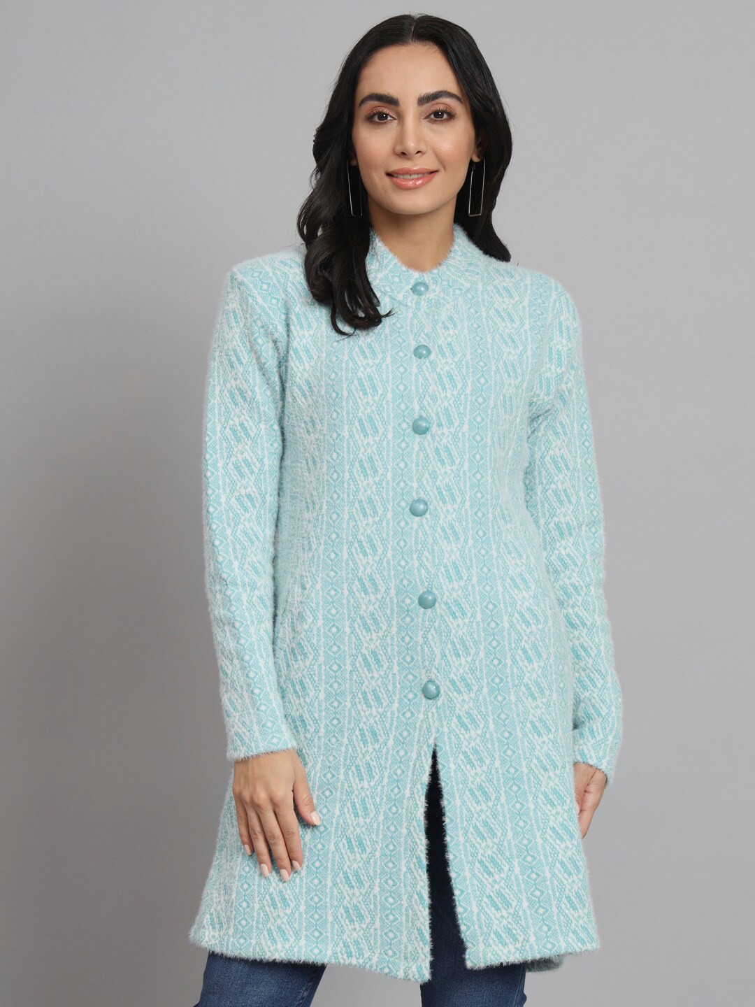 

eWools Geometric Self Design Acrylic Wool Cardigan, Blue