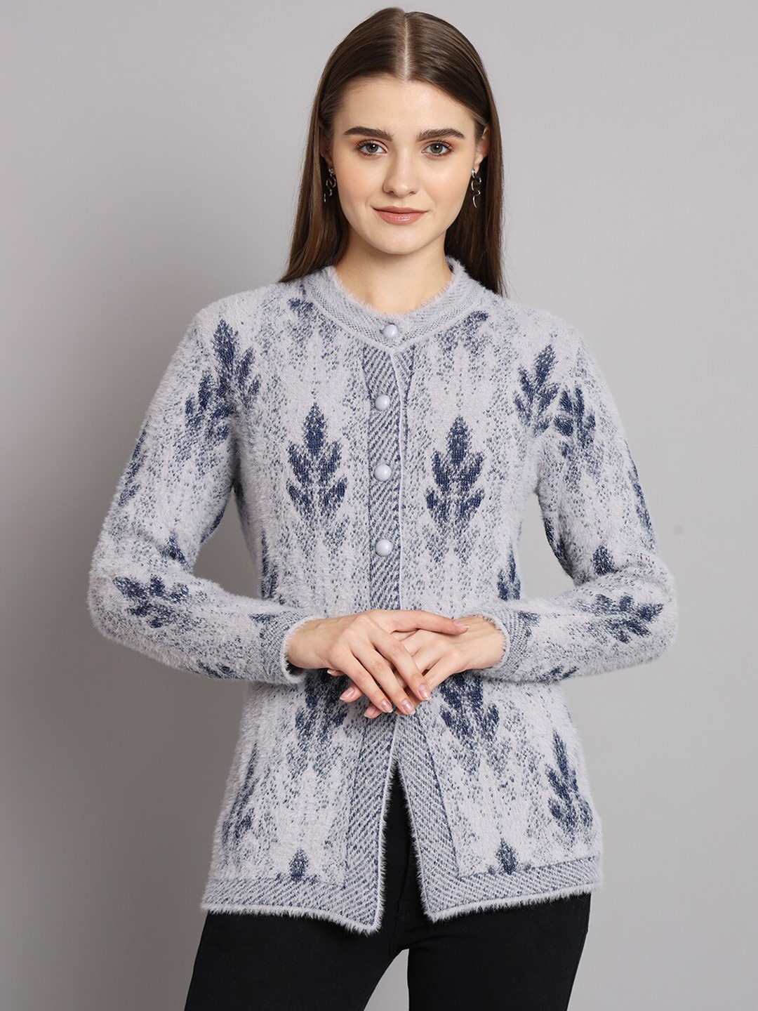 

eWools Self Design Woollen Cardigan Sweater, Grey