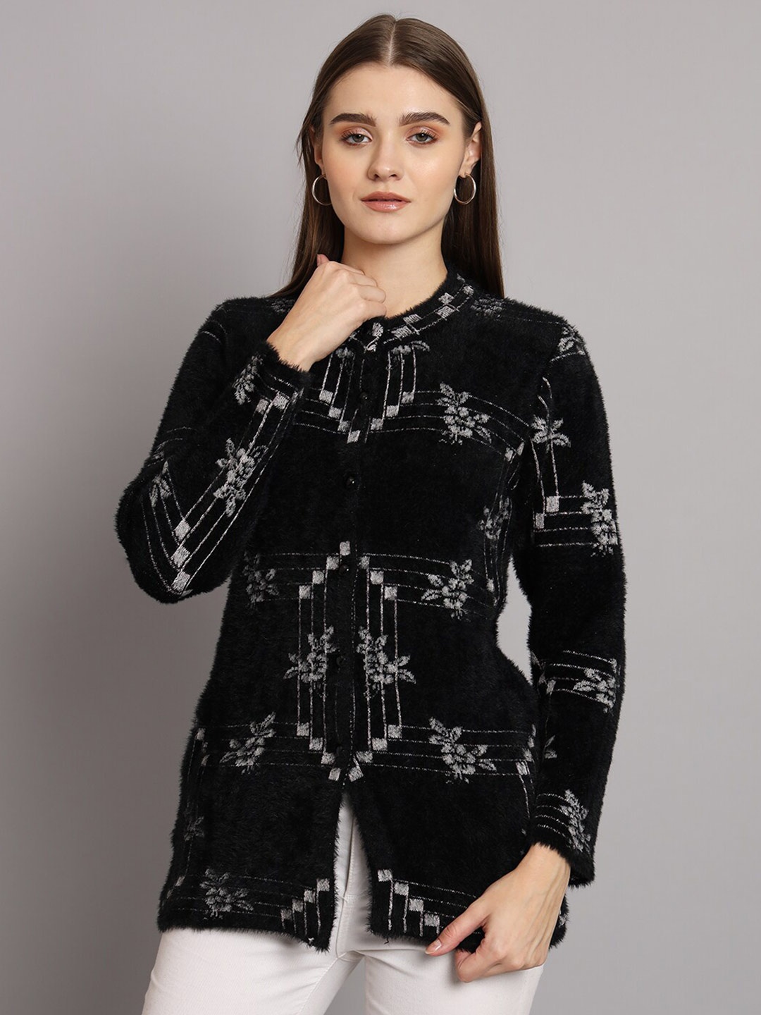 

eWools Floral Printed Round Neck Long Sleeves Woollen Cardigan Sweater, Black