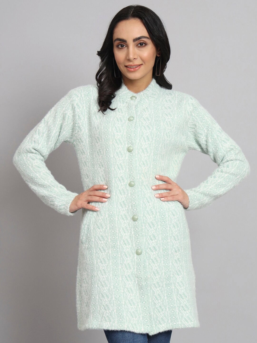 

eWools Geometric Printed Round Neck Long Sleeves Woollen Longline Cardigan Sweater, Green