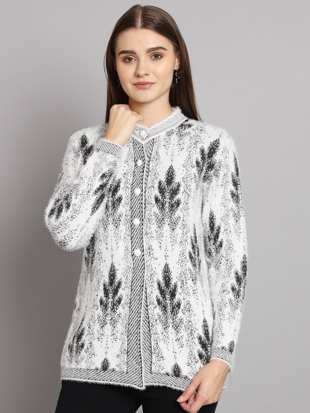 

eWools Self Design Round Neck Long Sleeves Woollen Cardigan Sweater, White