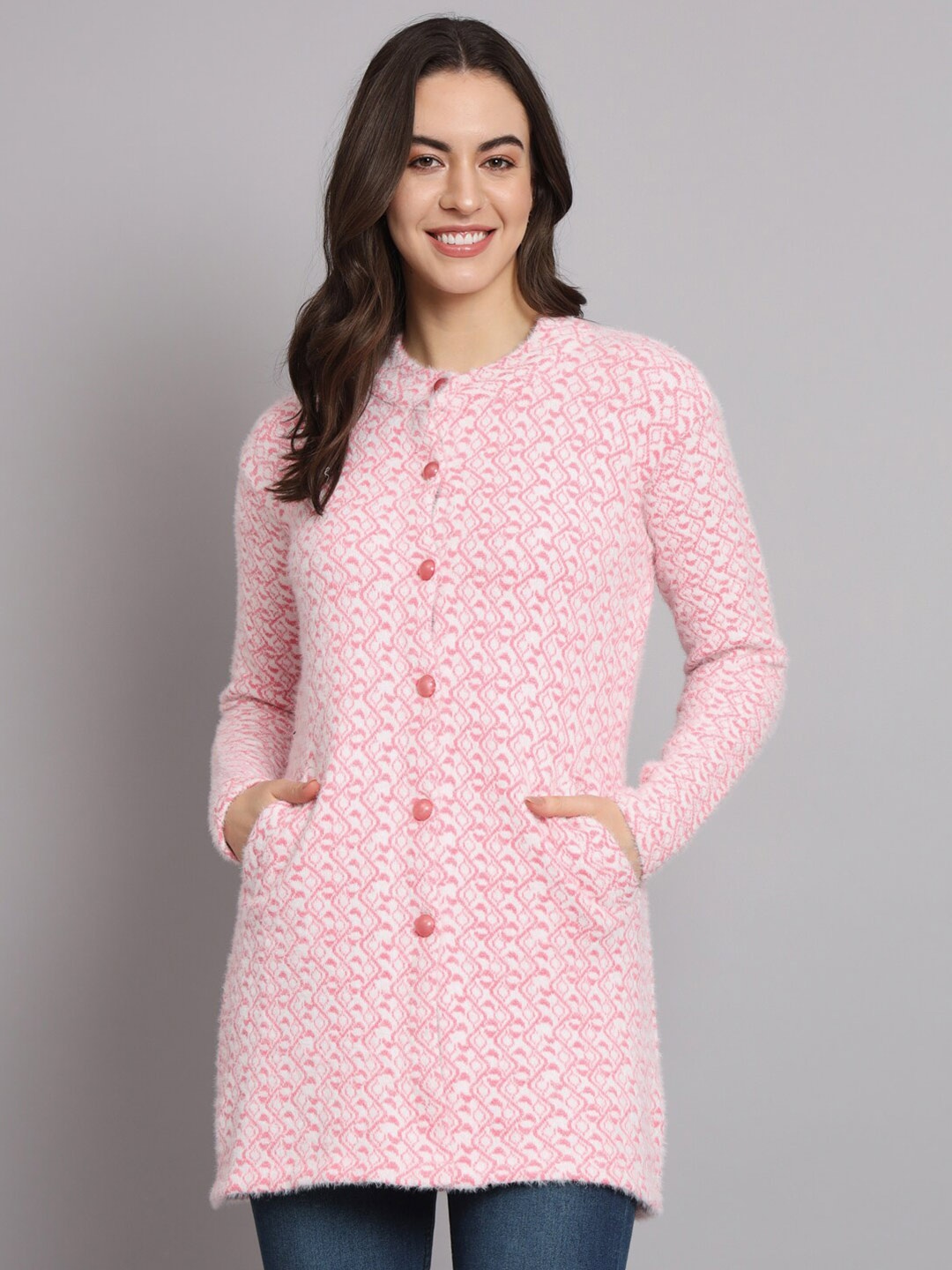 

eWools Ethnic Motifs Self Design Acrylic Wool Longline Cardigan, Pink