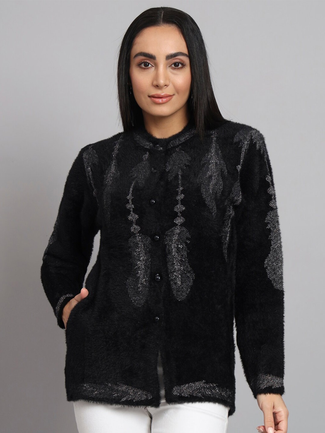 

eWools Floral Self Design Acrylic Wool Cardigan, Black
