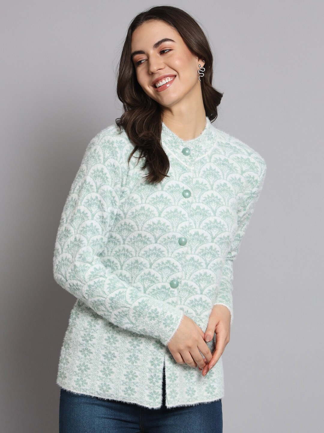 

eWools Ethnic Motifs Self Design Acrylic Wool Cardigan, Green