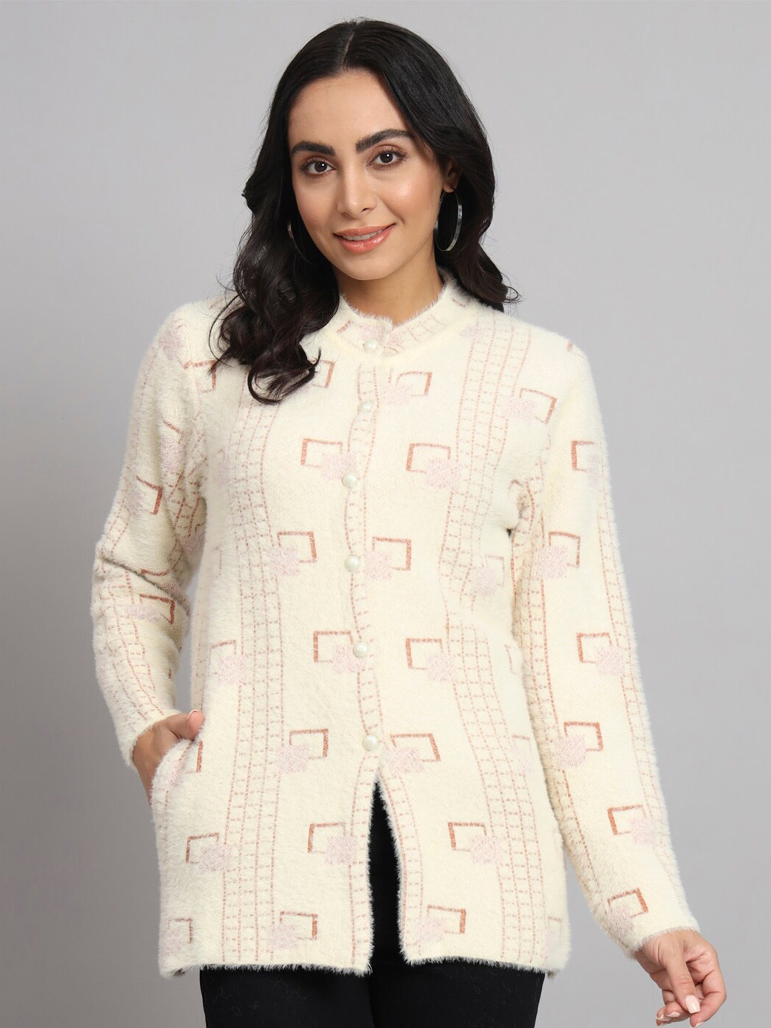 

eWools Geometric Self Design Pure Woollen Cardigan, Cream
