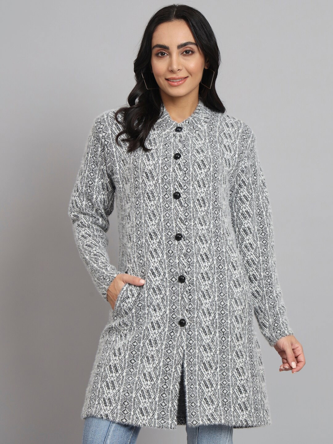 

eWools Geometric Self Design Pure Woollen Longline Cardigan, Black