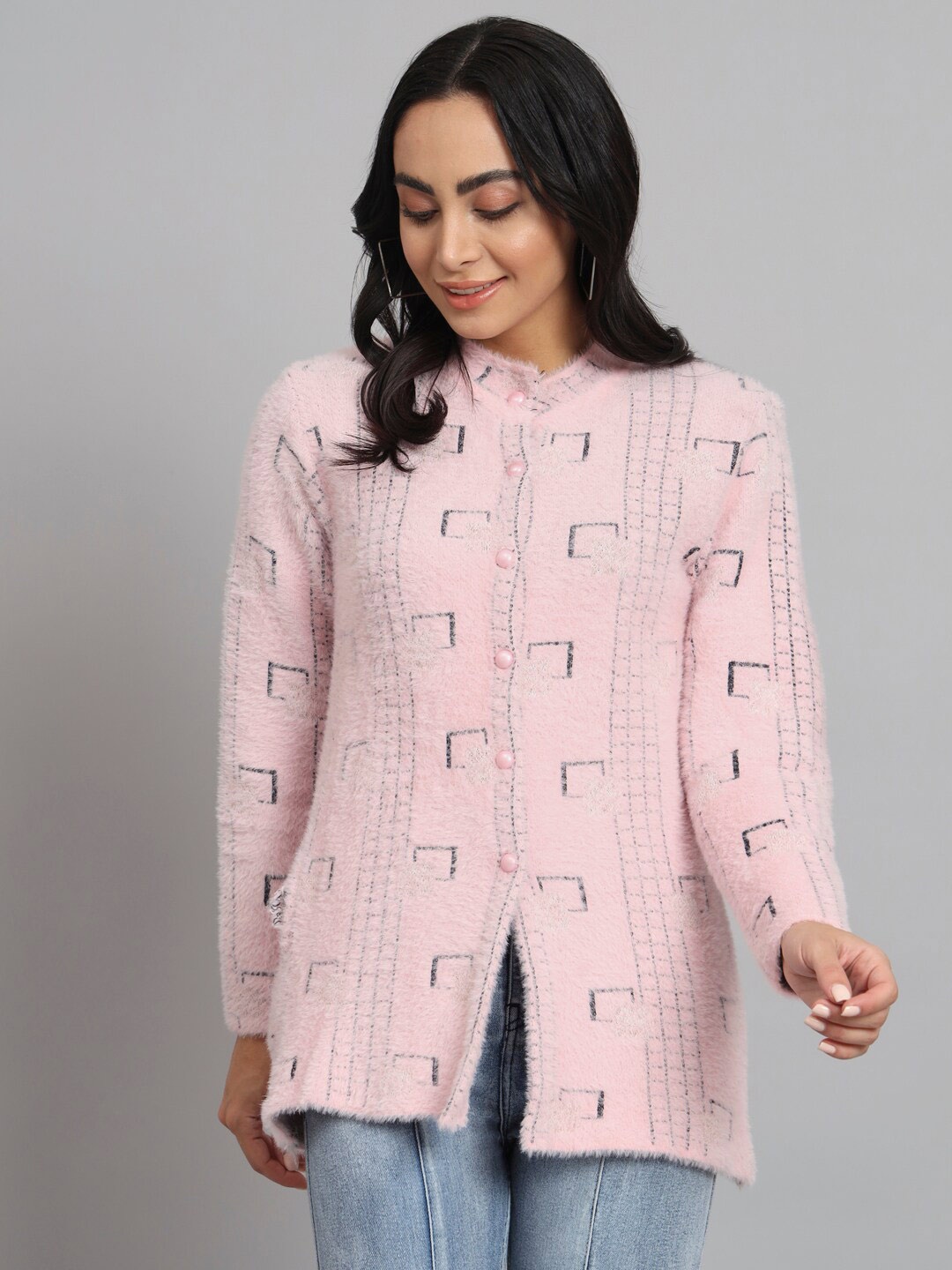 

eWools Geometric Self Design Pure Woollen Cardigan, Pink