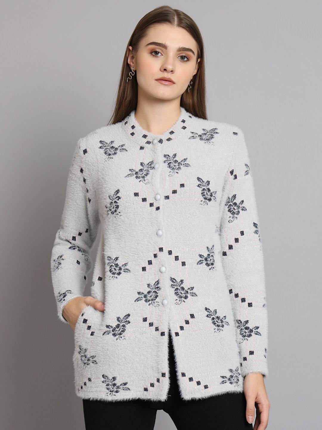 

eWools Floral Self Design Pure Woollen Cardigan, Grey
