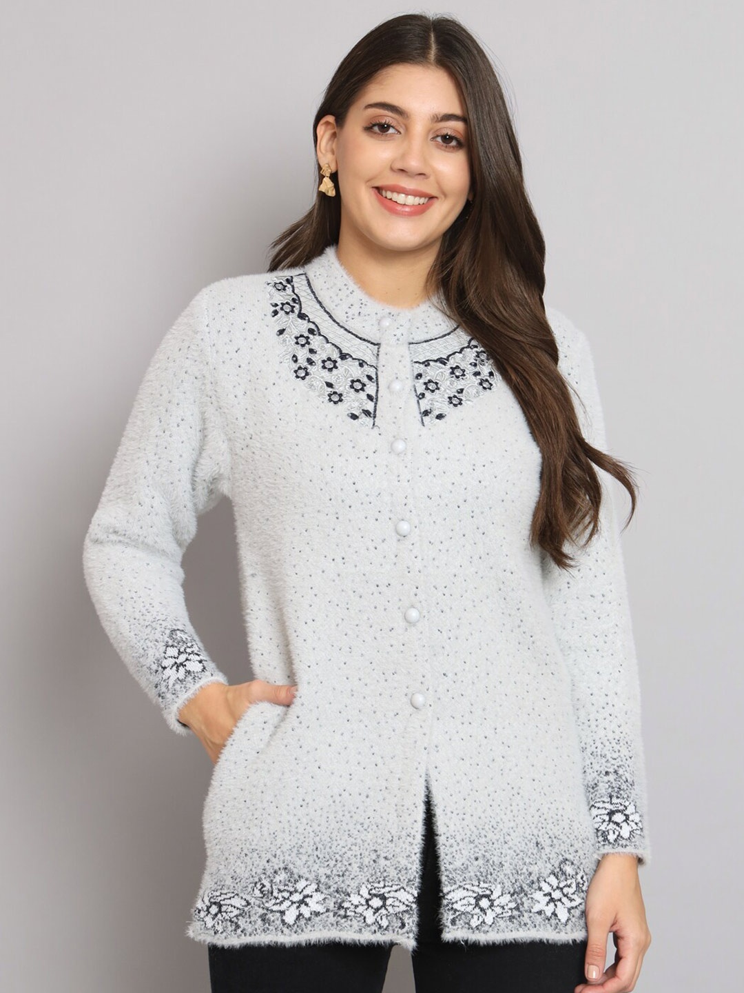 

eWools Floral Embroidered Pure Woollen Cardigan, Grey