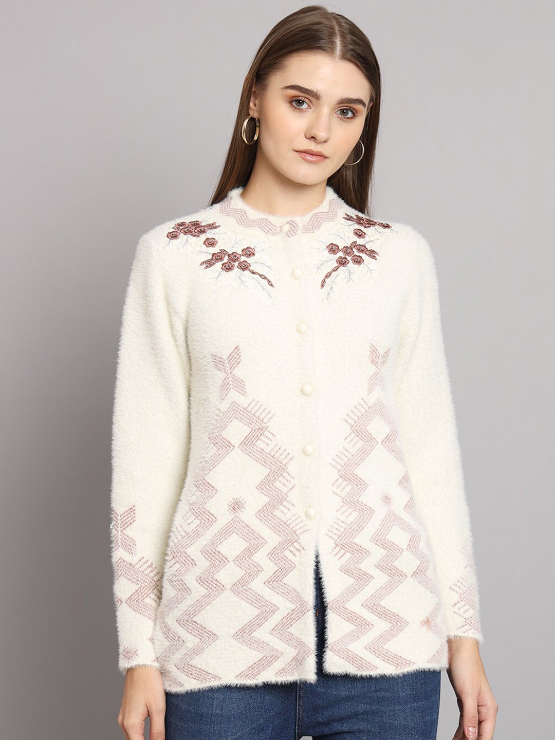 

eWools Floral Embroidered Pure Woollen Cardigan, Cream