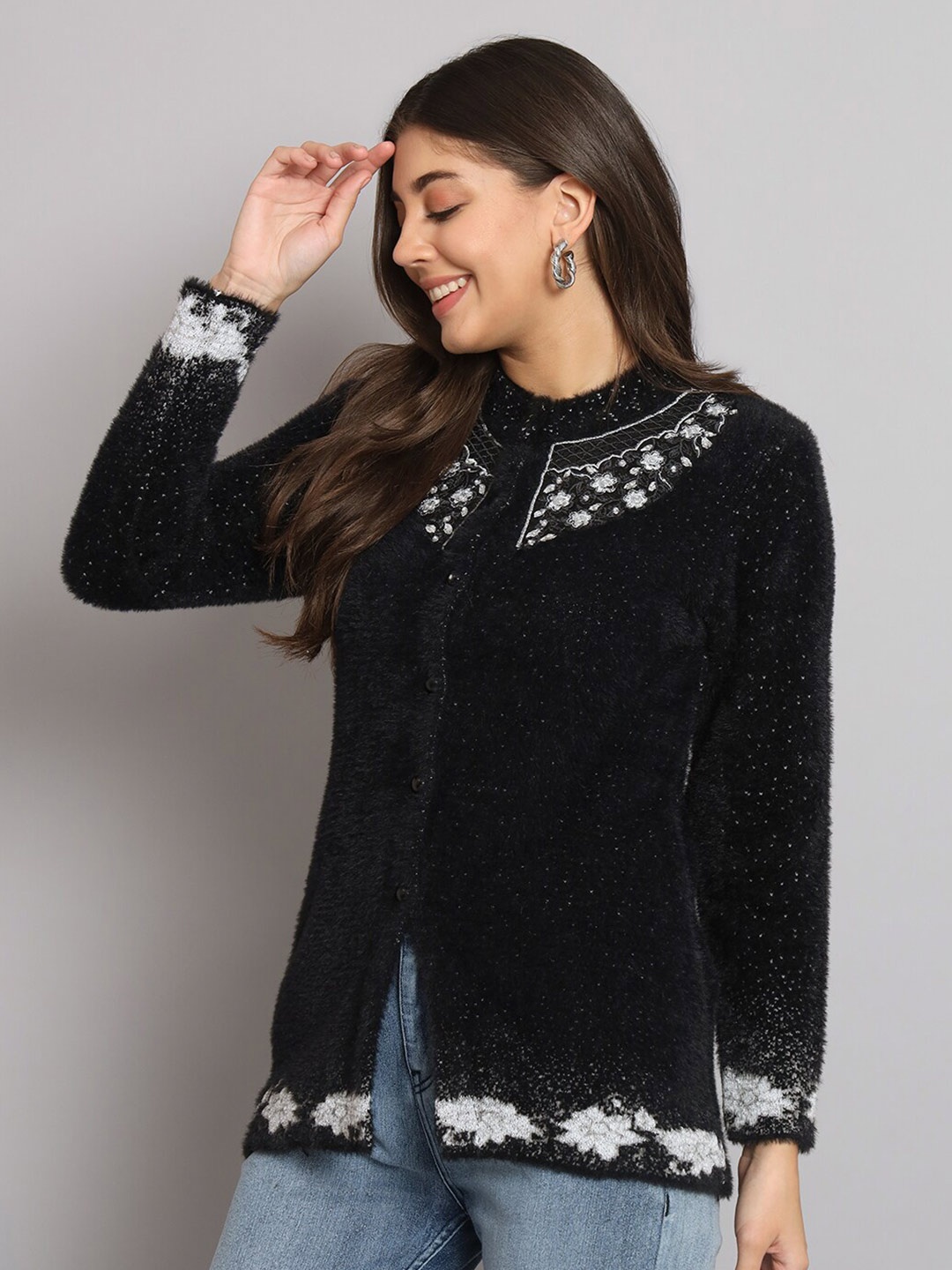 

eWools Floral Embroidered Woollen Cardigan Sweater, Black