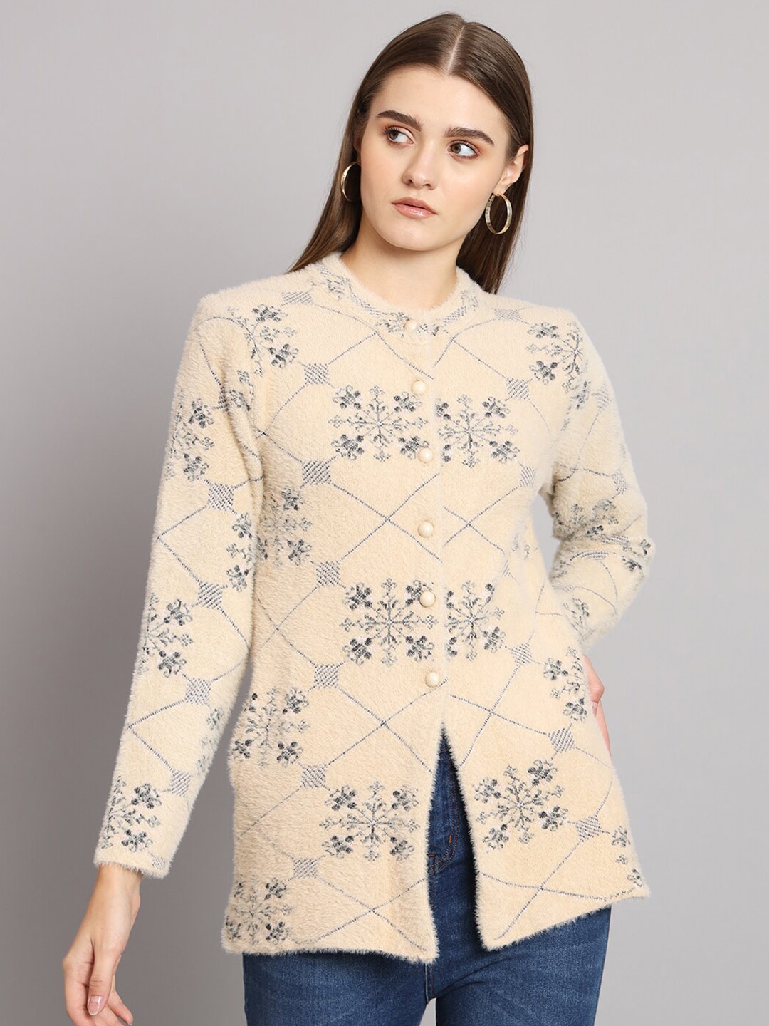 

eWools Floral Printed Woollen Cardigan, Beige