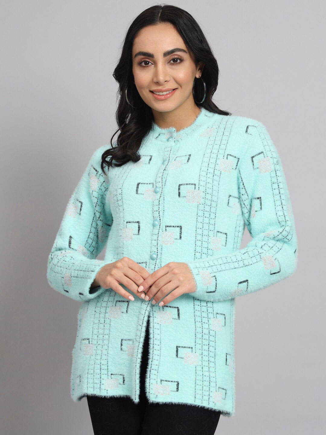 

eWools Geometric Printed Woollen Cardigan, Turquoise blue