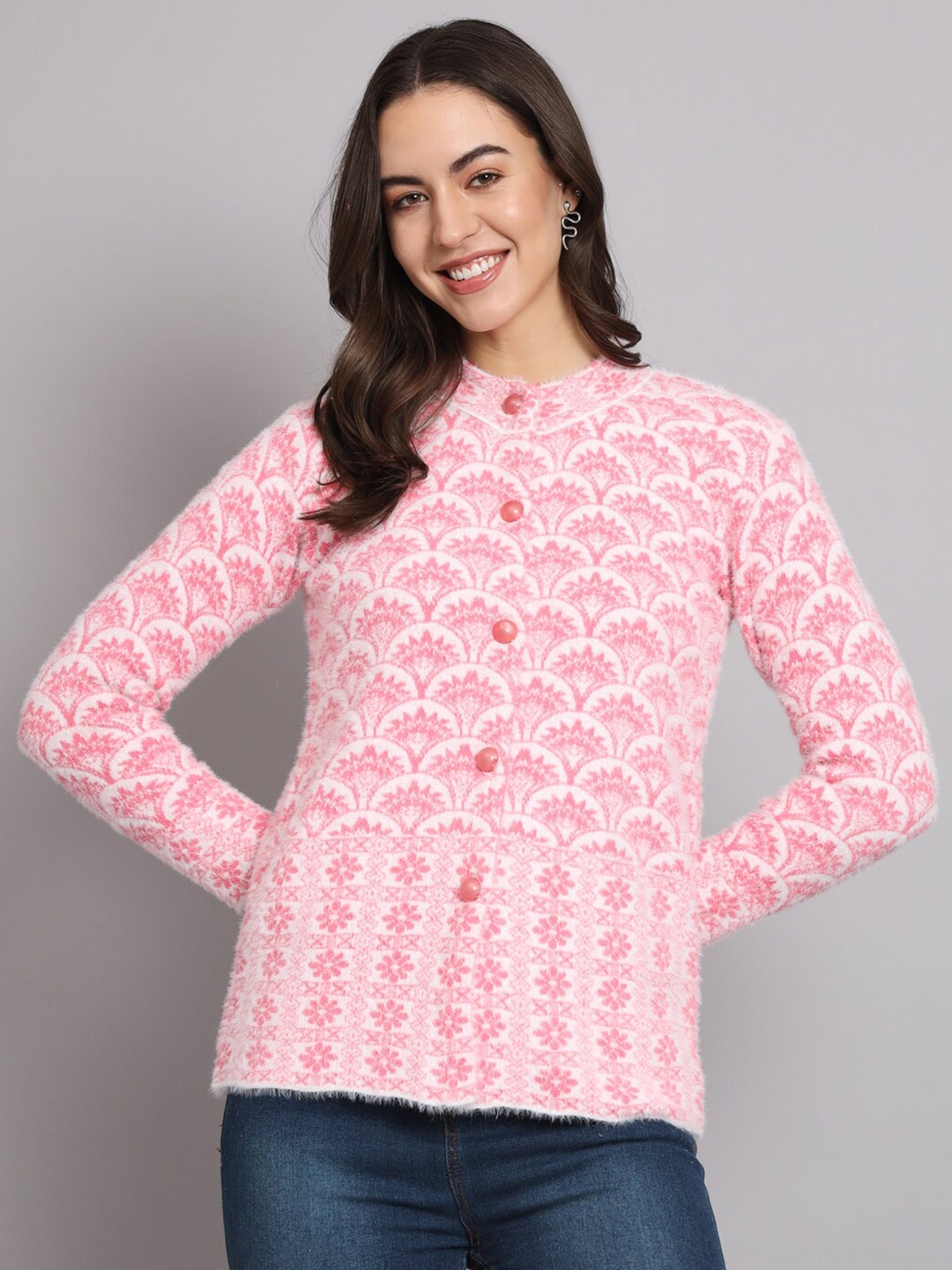 

eWools Ethnic Motifs Printed Woollen Cardigan, Pink