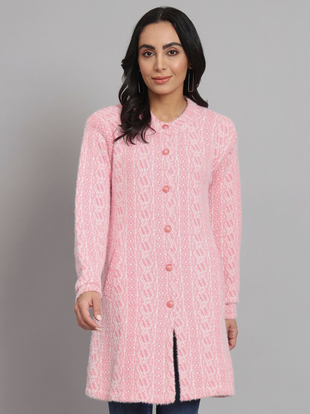 

eWools Geometric Printed Longline Cardigan Sweater, Pink