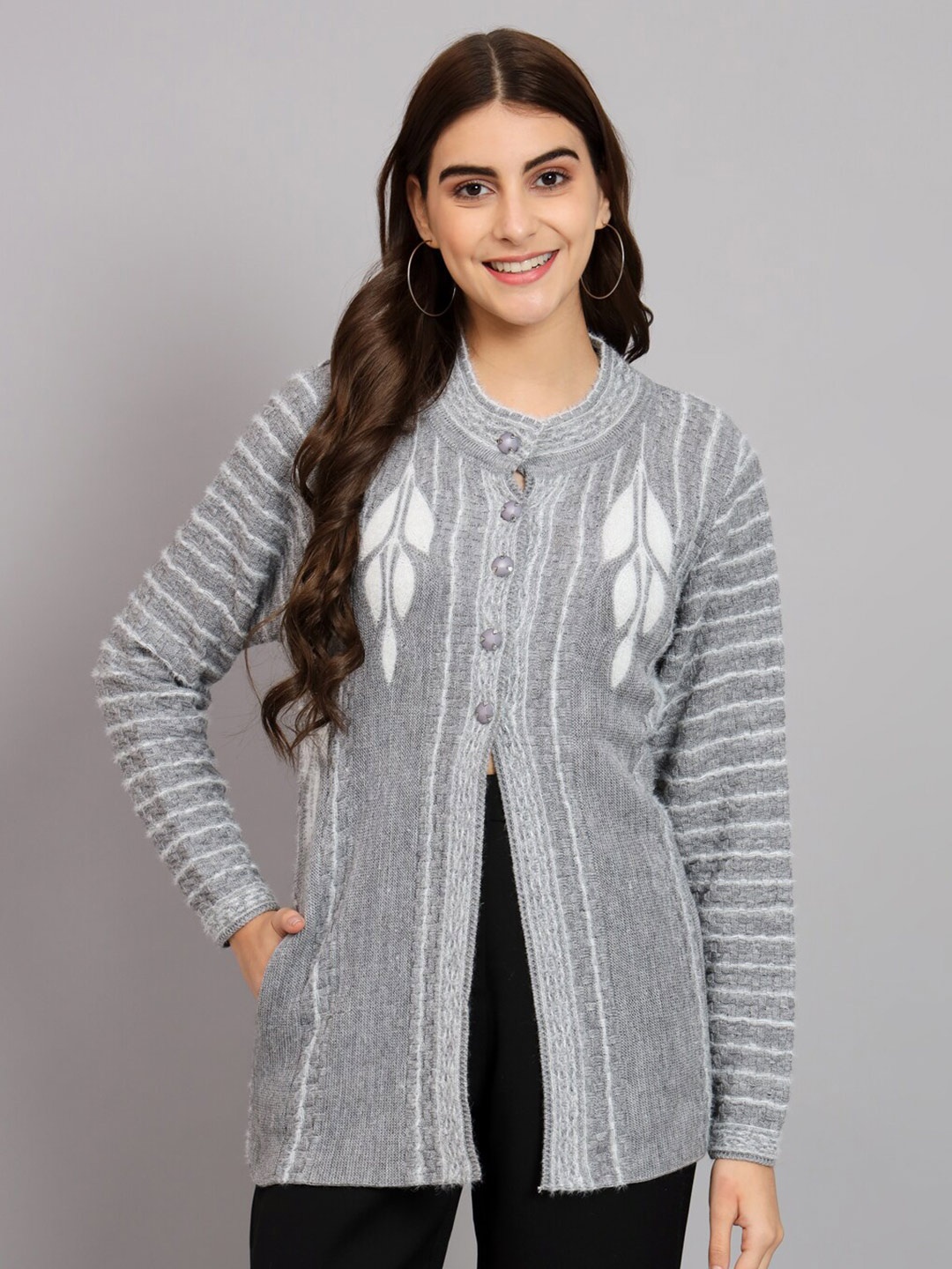 

eWools Floral Printed Longline Cardigan Sweater, Grey