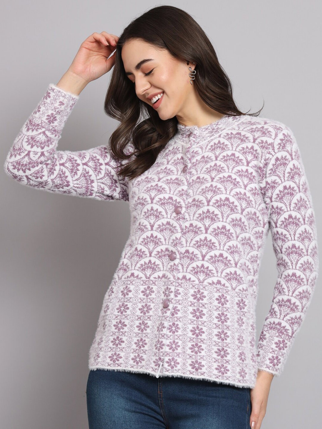 

eWools Ethnic Motif Printed Cardigan Sweater, Purple
