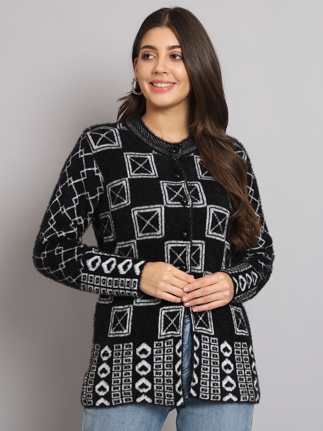 

eWools Geometric Printed Cardigan Sweater, Black