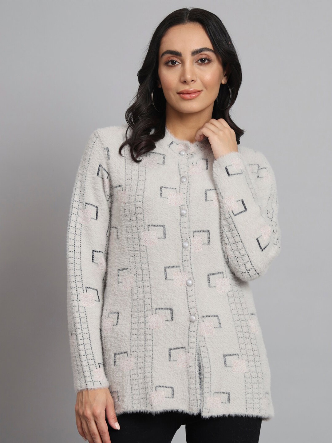 

eWools Geometric Embroidered Band Collar Acrylic Wool Longline Cardigan Sweater, Grey