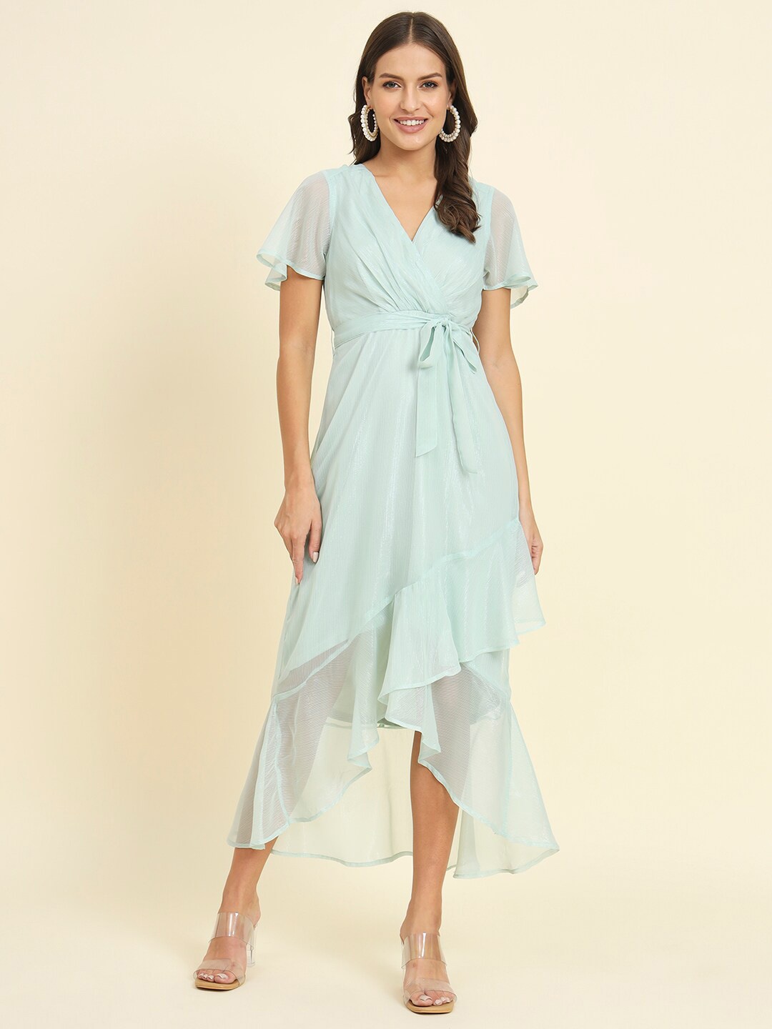 

HERE&NOW Flared Sleeves Chiffon Midi Dress, Turquoise blue