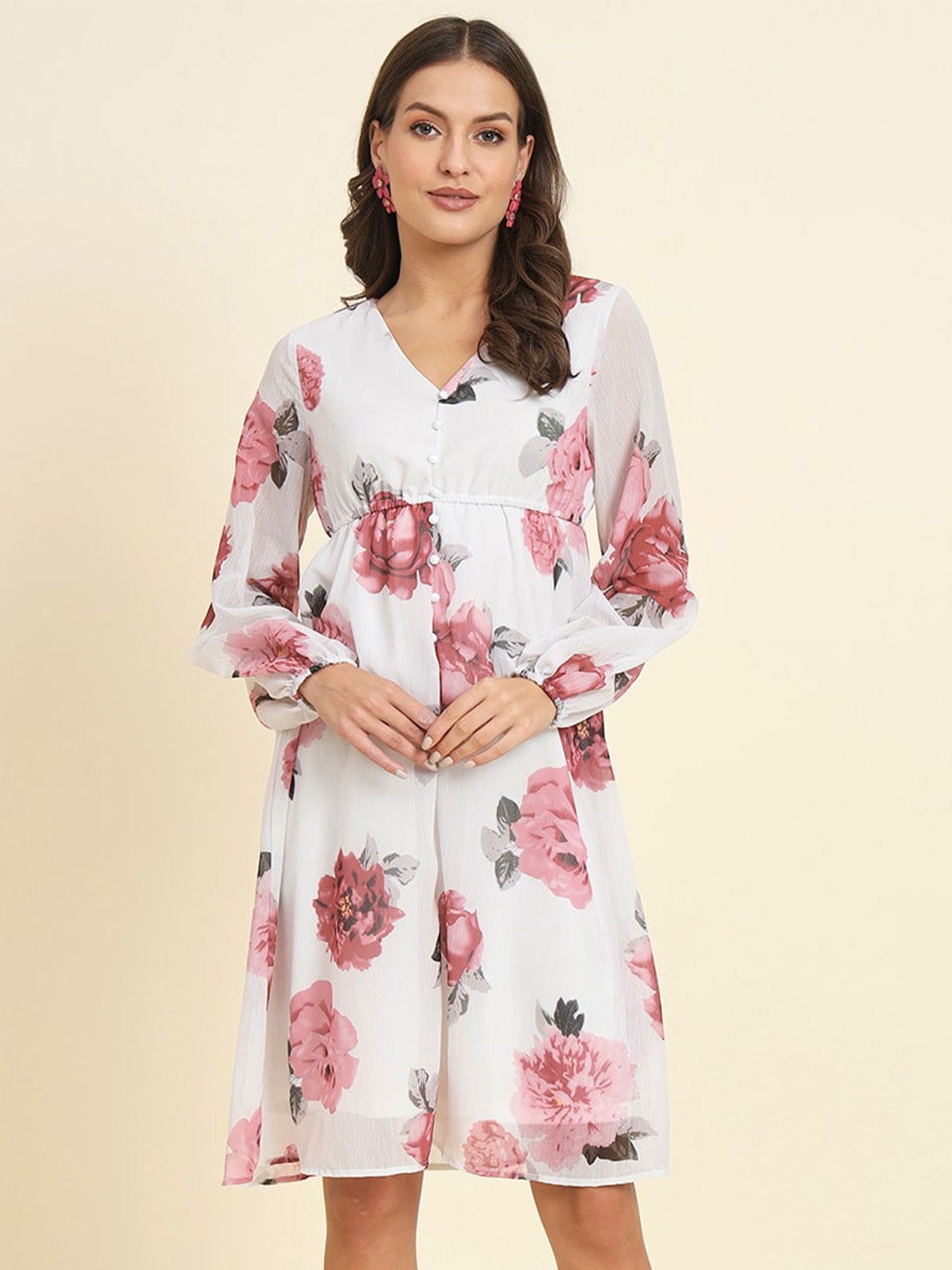 

HERE&NOW Floral Printed Puff Sleeves Chiffon A-Line Dress, White