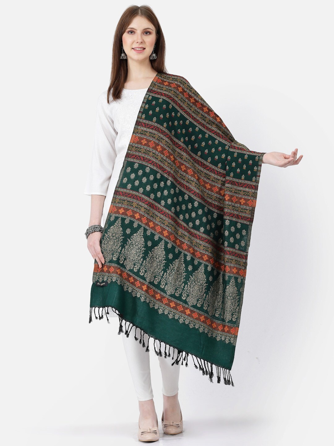 

SWI Stylish Ethnic Motifs Woven Design Jamawar Acrylic Shawl, Green