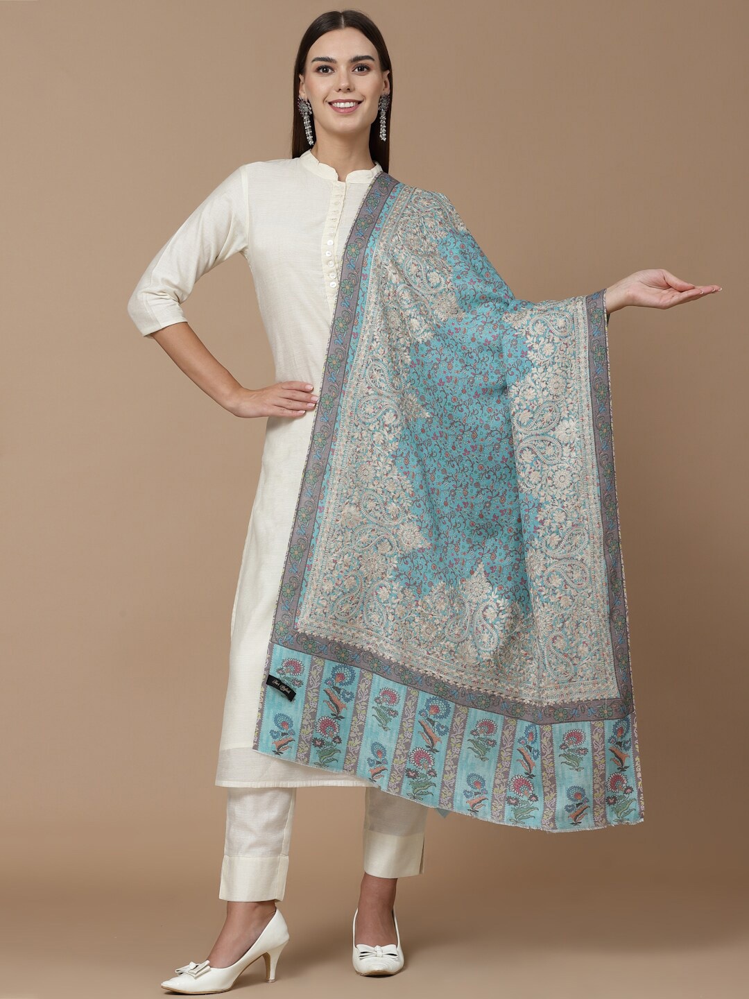 

SWI Stylish Paisley Printed & Aari Embroidered Shawl, Turquoise blue
