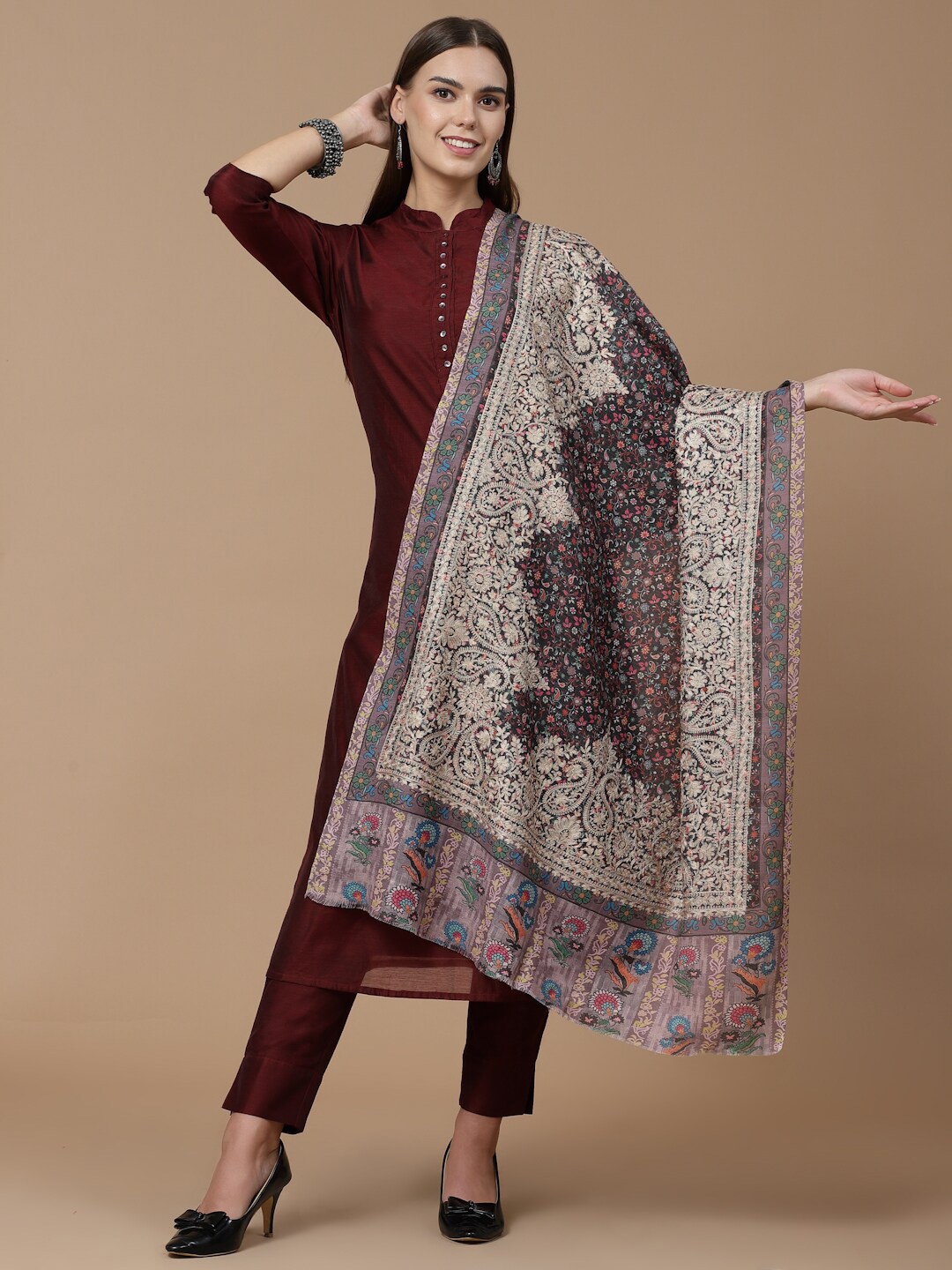 

SWI Stylish Ethnic Motifs Embroidered Woollen Shawl, Beige