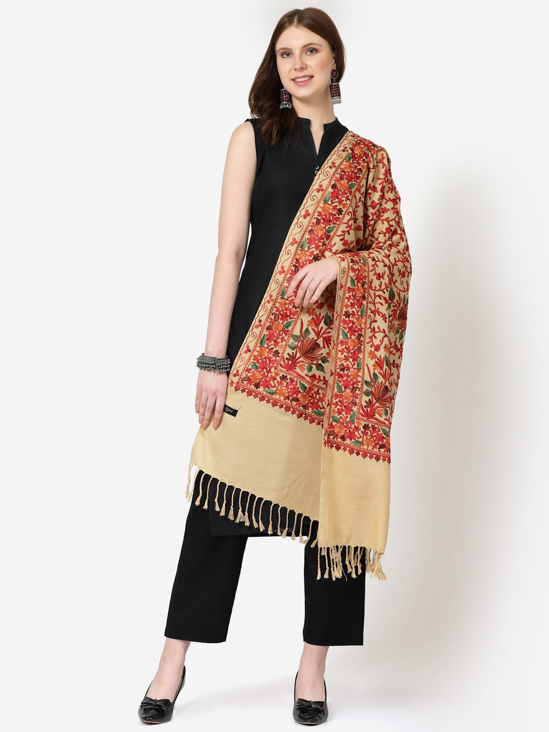 

SWI Stylish Ethnic Motifs Aari Embroidered Woollen Shawl, Beige