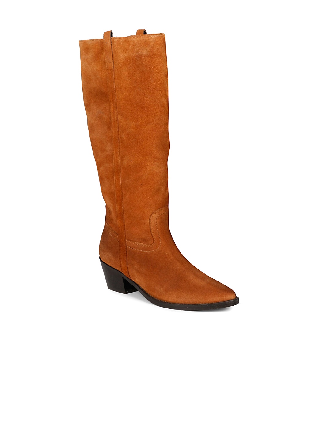 

Saint G Women High Top Pointed Toe Leather Block-Heeled Winter Boots, Tan