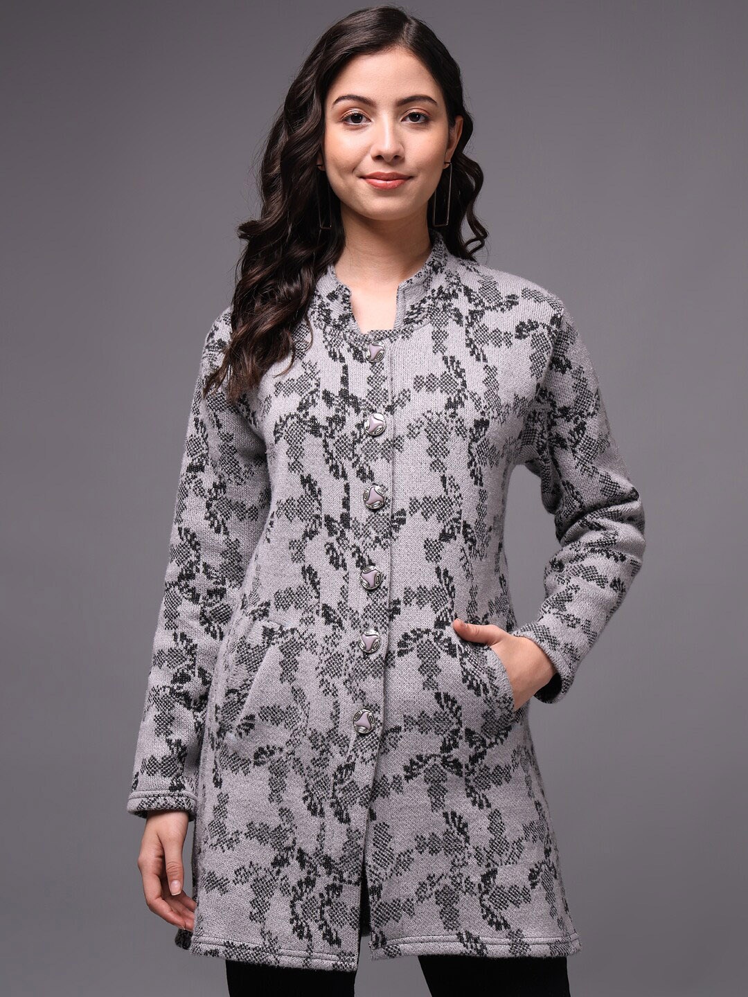 

eWools Floral Printed Acrylic Wool Longline Cardigan Sweater, Grey