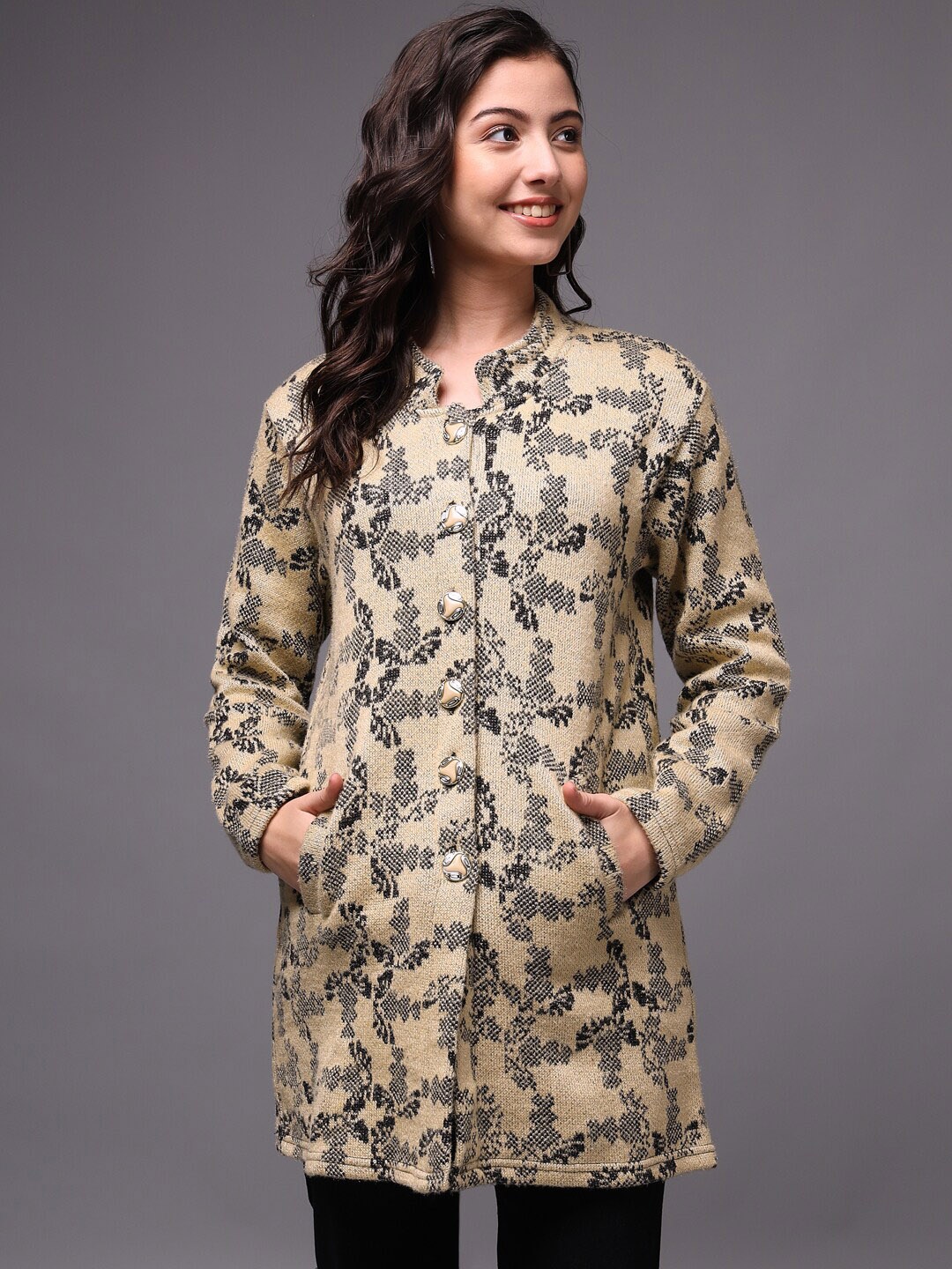 

eWools Abstract Printed Woolen Longline Cardigan Sweater, Beige