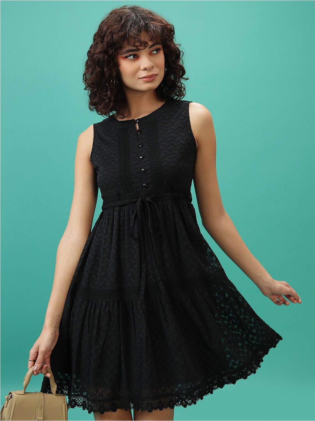 

Tokyo Talkies Tiered Fit & Flare Dress With Belt, Black
