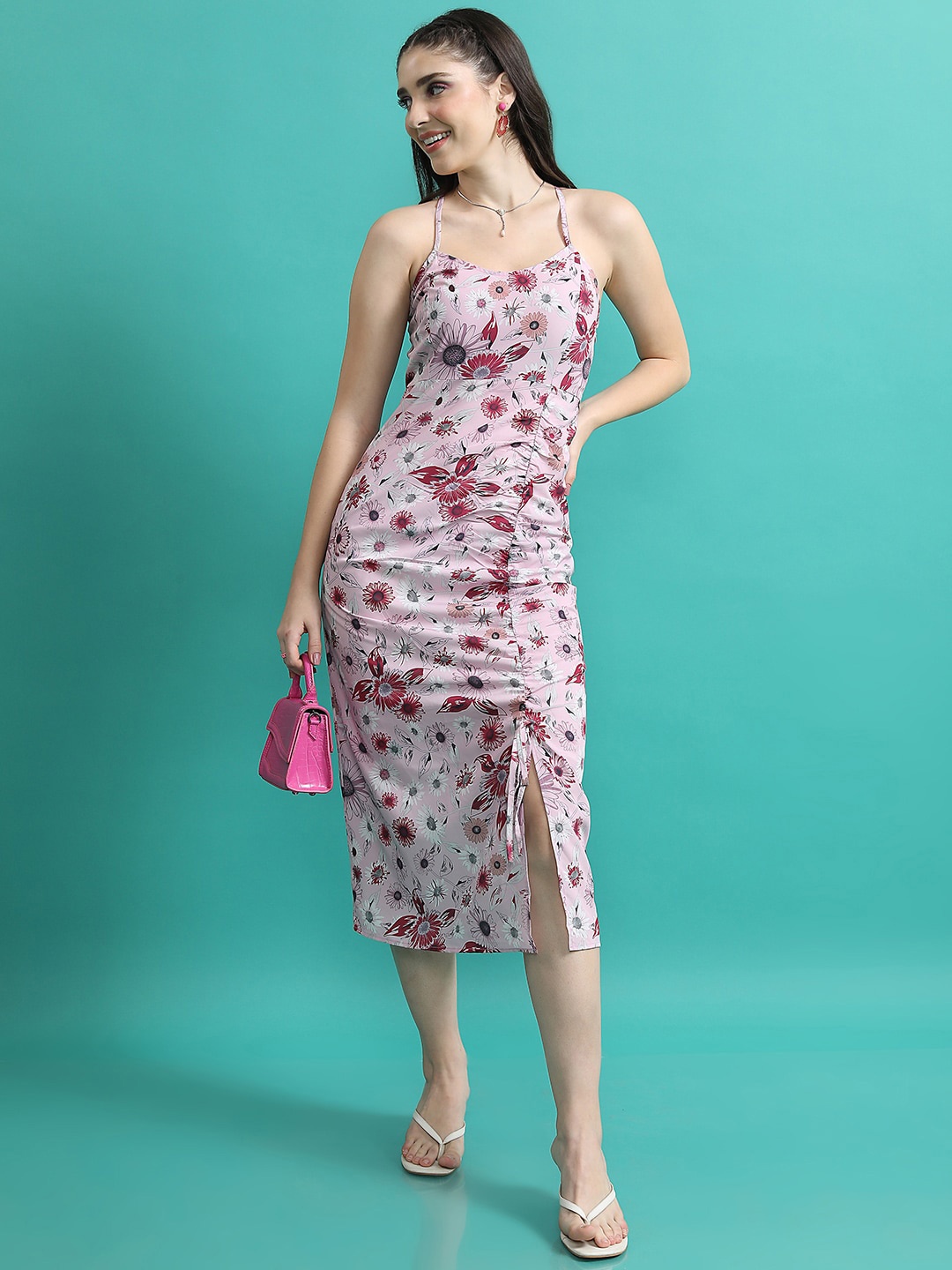 

Tokyo Talkies Pink Floral Printed Shoulder Straps Ruched Sheath Midi Dress