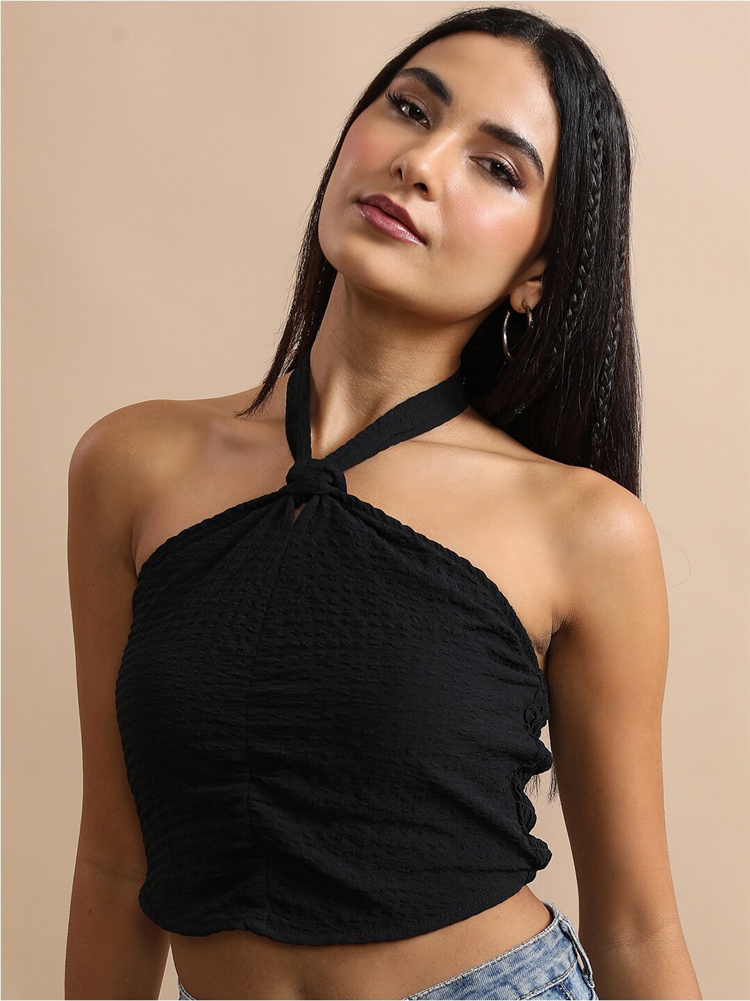 

Tokyo Talkies Halter Neck Smocked Fitted Crop Top, Black